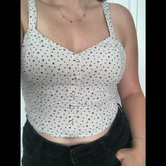 White Crop Top with Black Stars and Button Detail - Picture 1 of 3